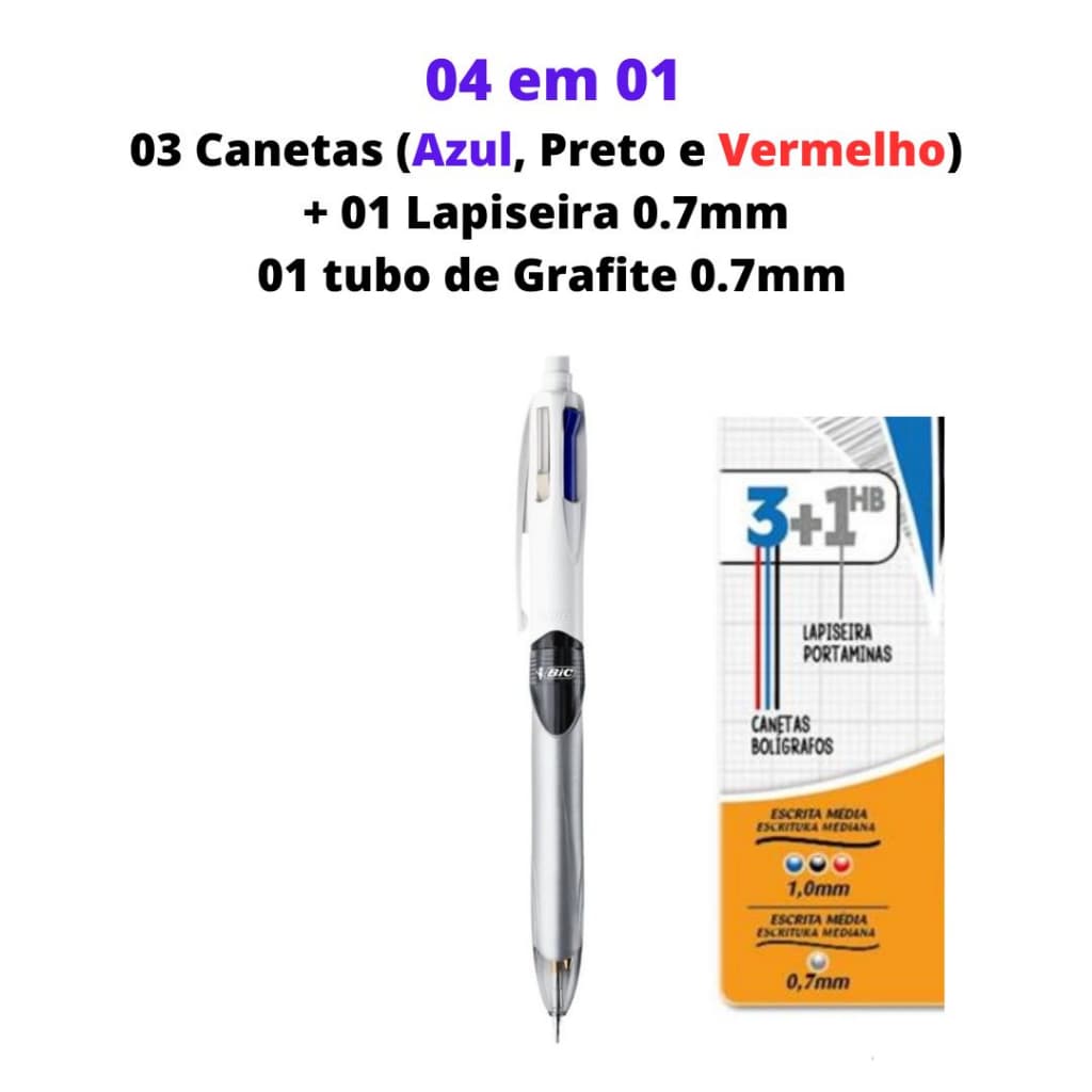 Caneta BIC 3 Cores Azul, Preto e Vermelho + Lapiseira 0.7 - Acompanha Grafite