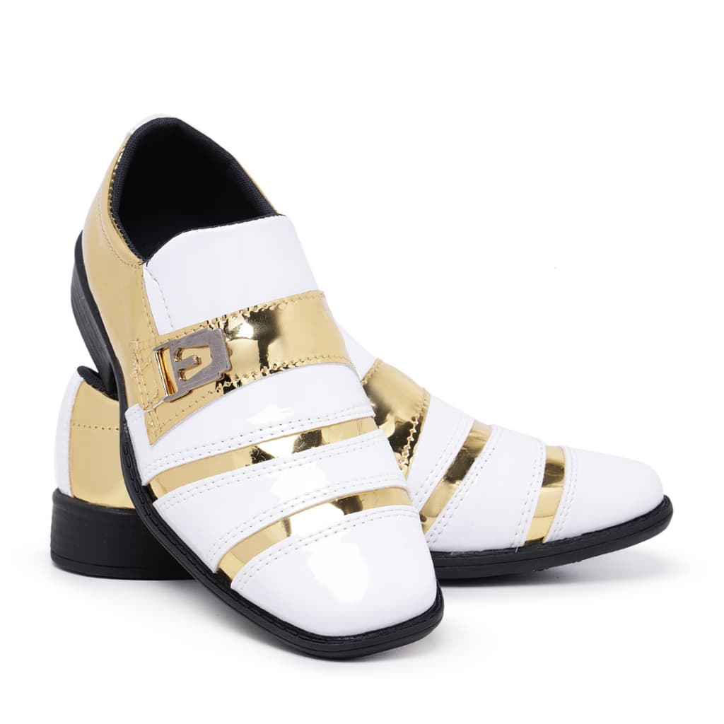 Sapato Social Infantil Masculino 443 Branco Dourado Pajem Conforto Estilo Italiano Bico Quadrado