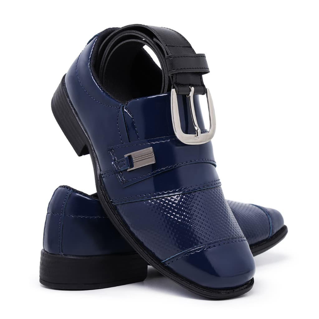Kit Sapato Social Infantil Masculino Cinto Azul 444  Pajem Conforto Bico Quadrado