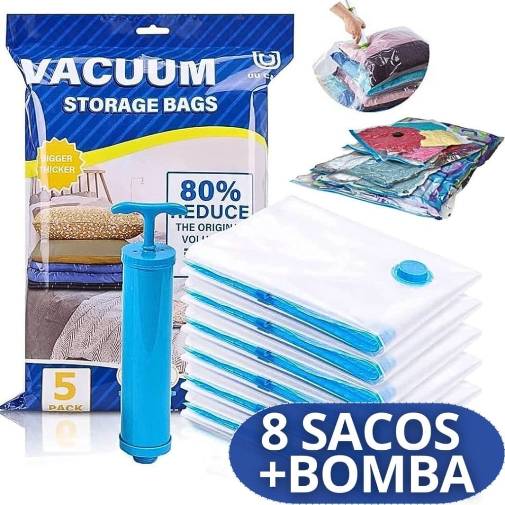 Kit 8 Sacos A Vacuo Organizador Roupa Mala Viagem Armário Volume Anti Mofo + Bomba de Sucção