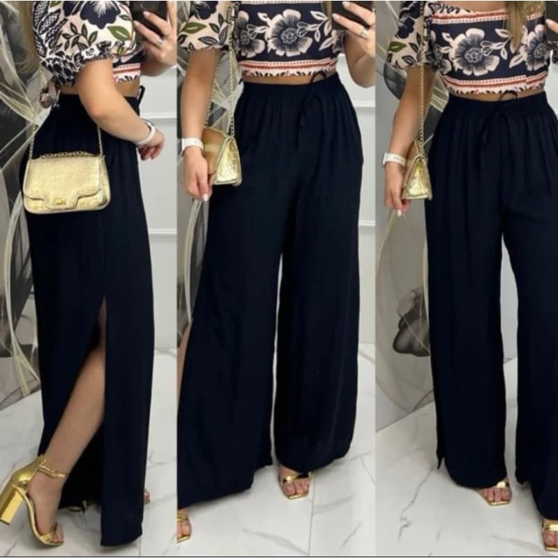 Calça pantalona feminina viscose com forro aberto lateral pra verão