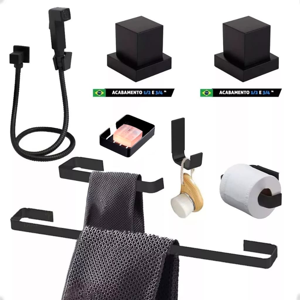Kit De Acessórios Para Banheiro Preto Com Saboneteira e Ducha Higiênica