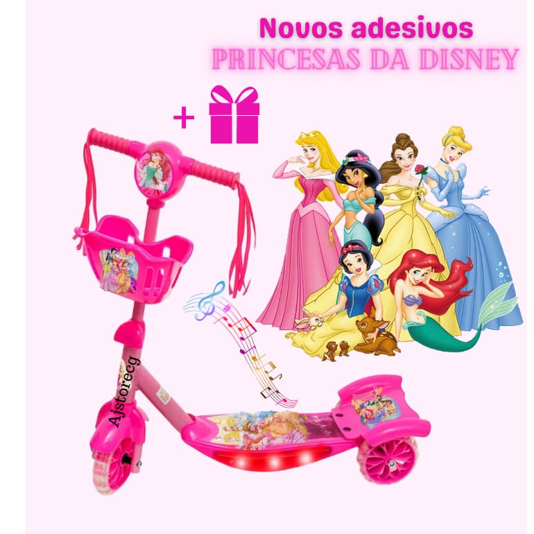 Patinete Princesas Disney Lançamento Musical e Luzes 3 Rodas com cesta + Surpresa + Entrega em Todo Brasil