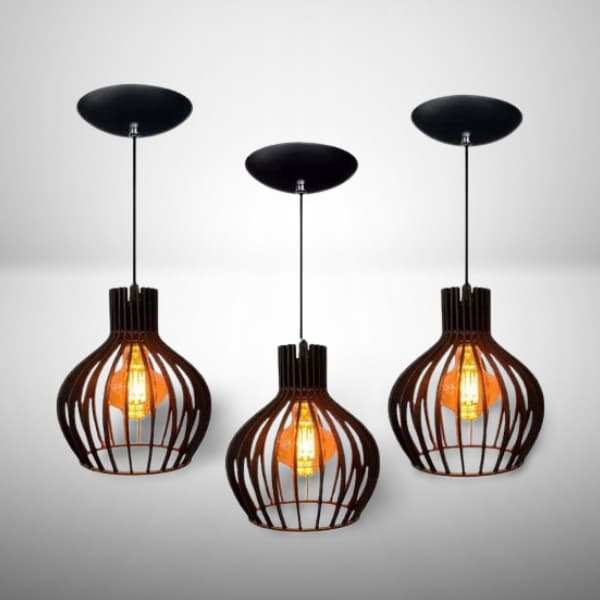 kit 3 Pendentes Luminarias Com Fiação Completa Para Area De Churrasco Cor Preto - 3ppp