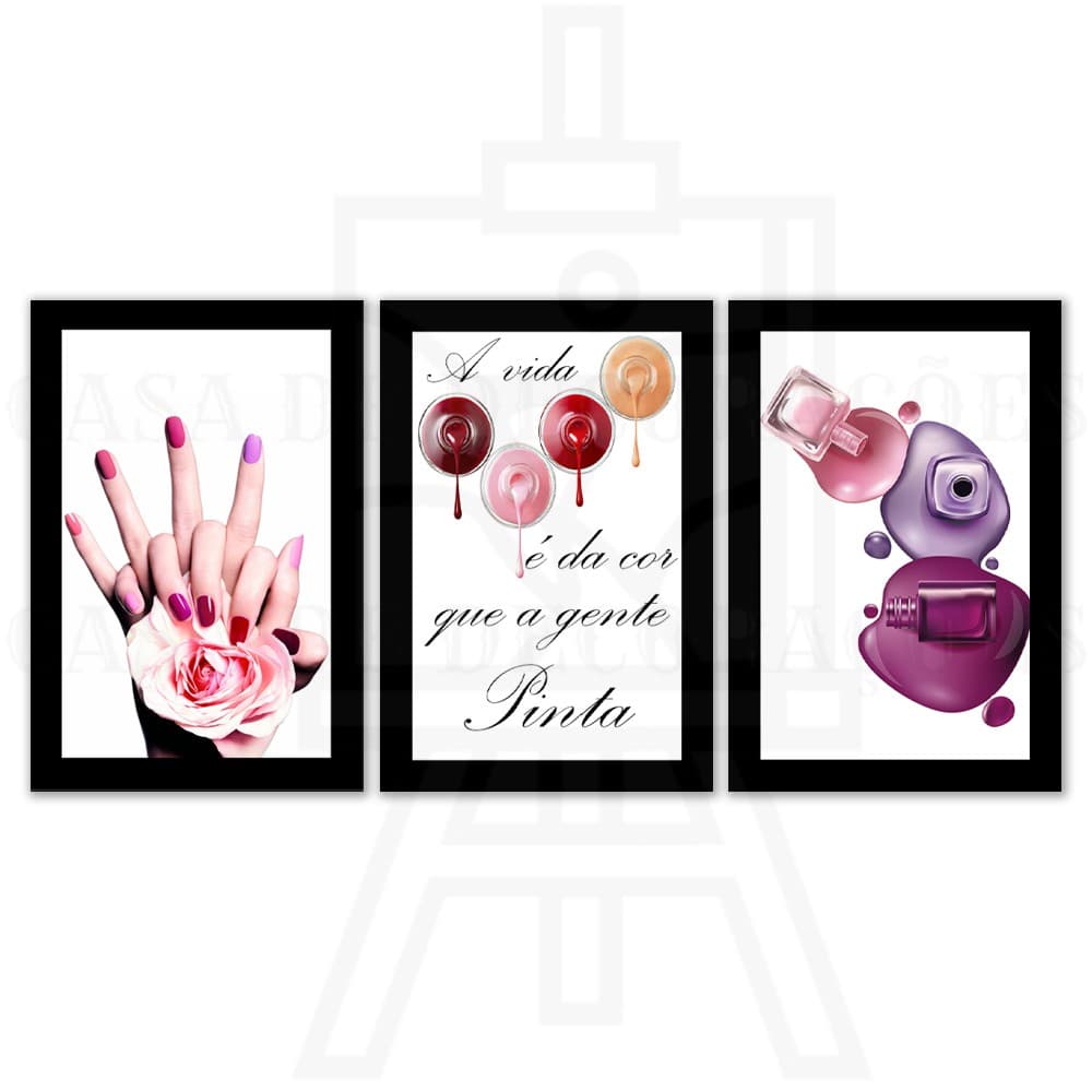 Kit Quadros Decorativos Mosaico 3 Peças Manicure Pedicure Esmalte Unha Salão de Beleza Sala Quarto