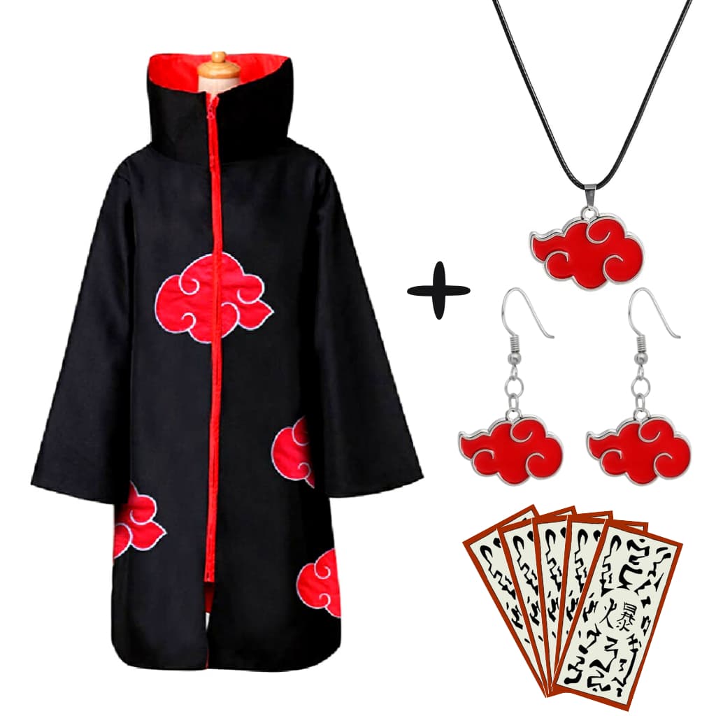 Kit Manto Da Akatsuki + Par De Brinco + Colar + Papel bomba Anime Naruto Capa Itachi Geek