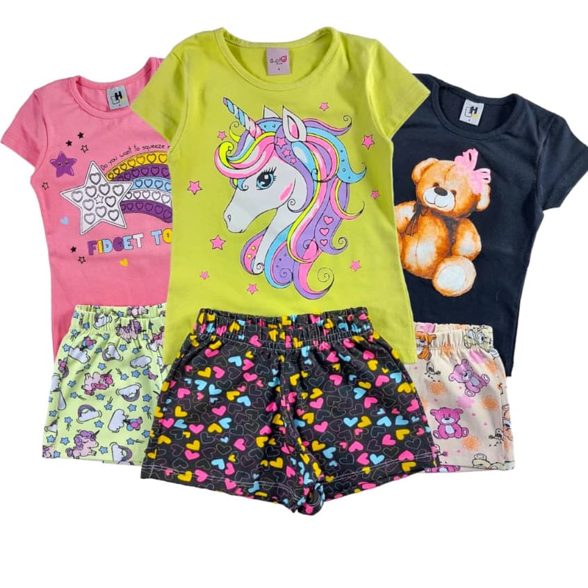 Kit Sortido 6 Peças de Roupas Juvenil Menina - 3 Camisetas + 3 Bermudas - Kit com 3 Conjunto de Verão Feminino Juvenil