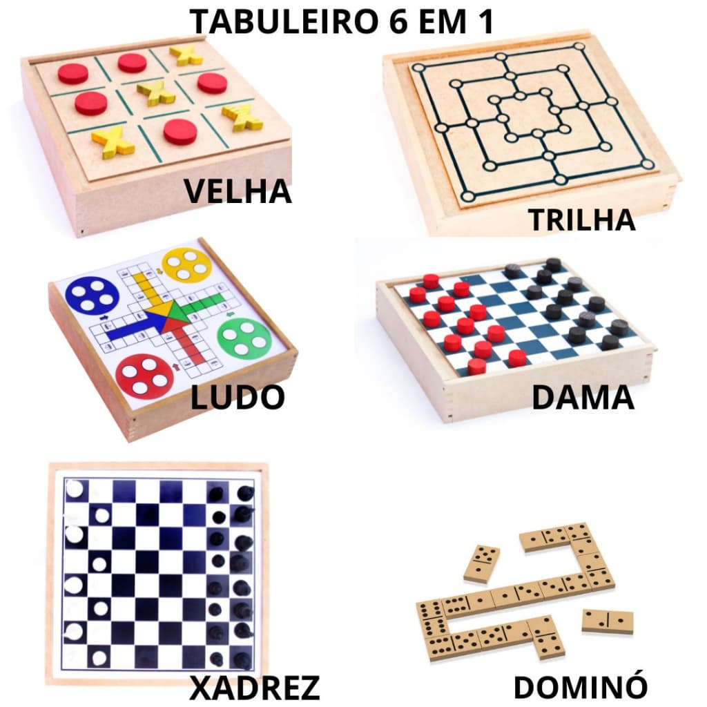Jogo de Tabuleiro 6 em 1 Educativo em Madeira Acompanha os Jogos Damas, Trilha, Jogo da Velha, Xadrez, Ludo e Dominó