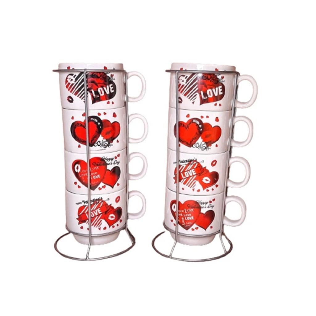 Kit 4 Xícaras Cerâmicas + 1 Suporte Torre de Metal 150ml Café Chá - Coração Dia dos namorados