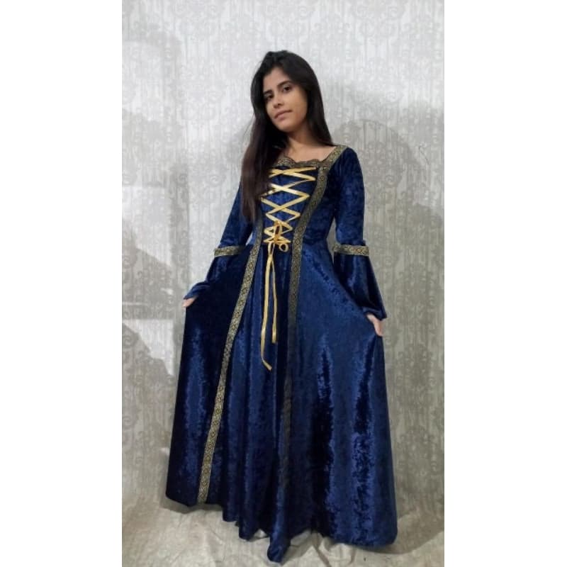 Vestido Medieval tradicional azul marinho luxuoso