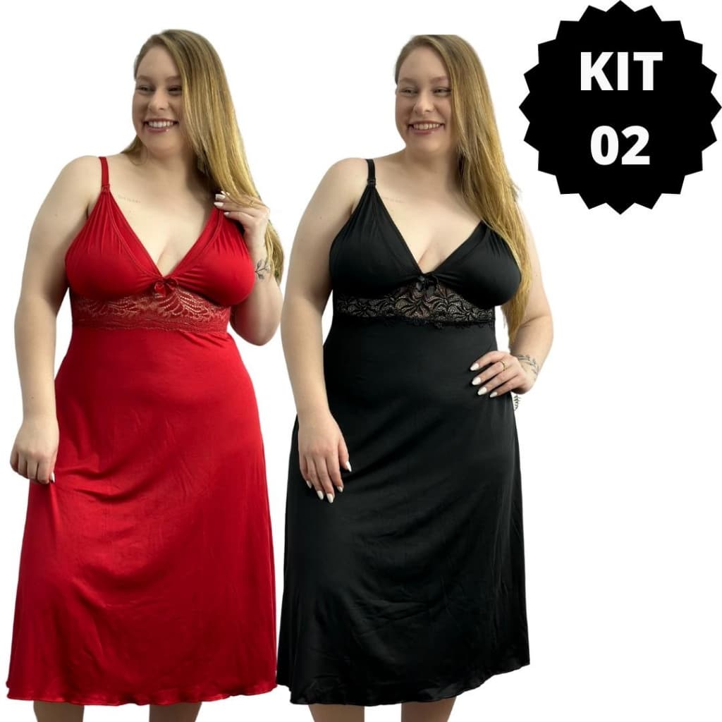 KIT 02 Camisolas Amamentação Plus Size  Detalhe em Renda Maternidade Pós Parto Gestante Lactante.
