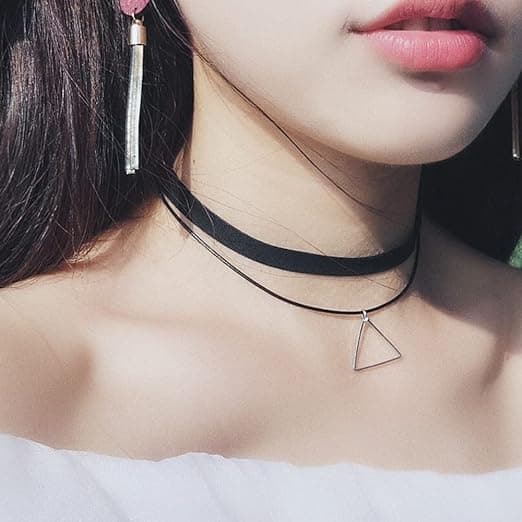 Colar Choker Duplo Triangulo Couro Veludo Gargantilha Geometrico