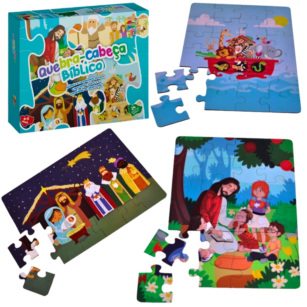 Quebra Cabeça Bíblico 24 peças em MDF Educativo Infantil Arca de Noé Jesus e as Crianças Natal