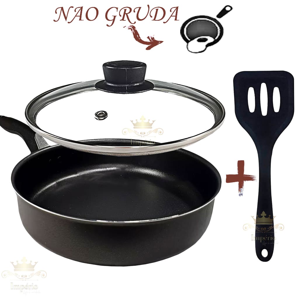 Frigideira Alta 18 Cm Com Tampa De Vidro E Espátula Antiaderente Com 5 Camadas De Teflon Cor Preta Gold Frigideira Grande Funda Alumínio Resistente