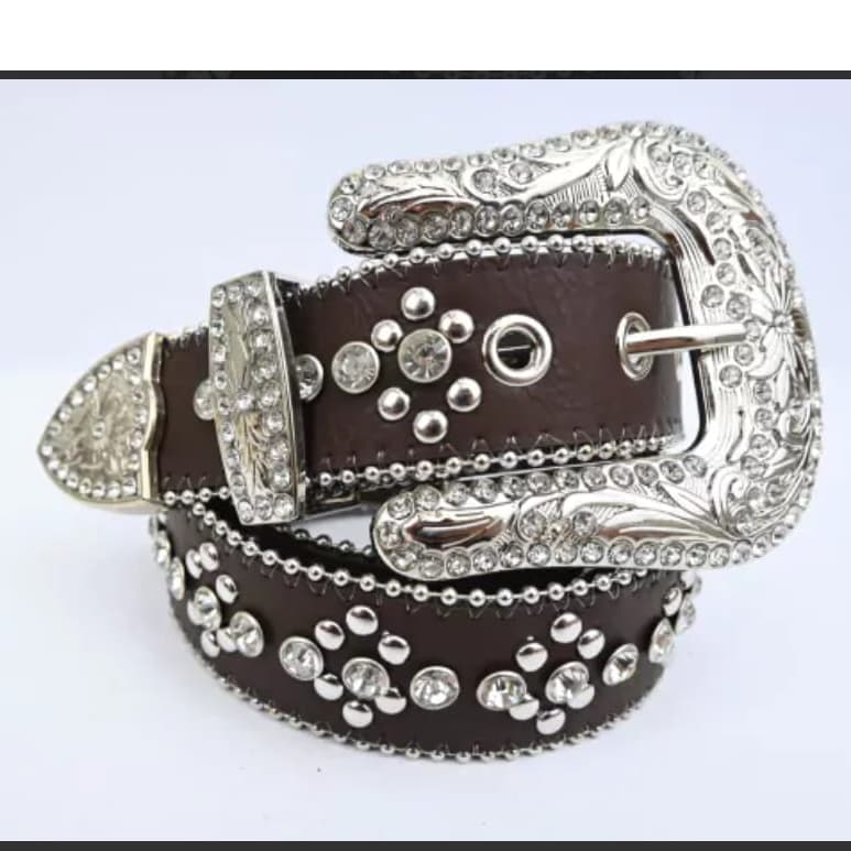 Cinto Country Feminino Detalhes Tachinhas e Brilhos com Fivela e Ponteira Prata
