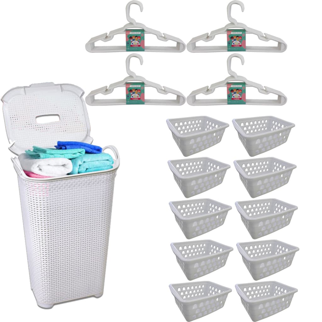 Kit 1 Cesto Basculado + 10 Cestos P + 20 Cabides Infantil Branco