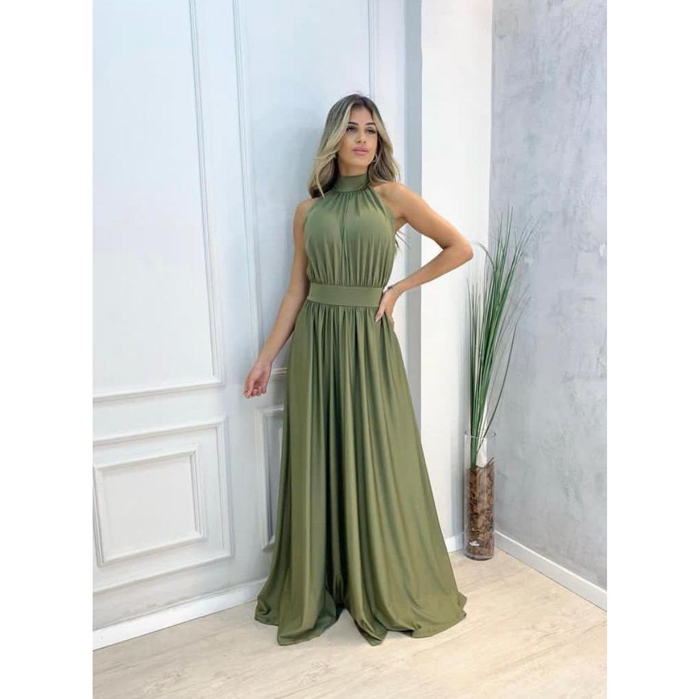 Vestido Feminino Casamento Madrinha Debutante Longo Sereia Soltinho Gola Alta Azul Serenity Verde Esmeralda Oliva Menta