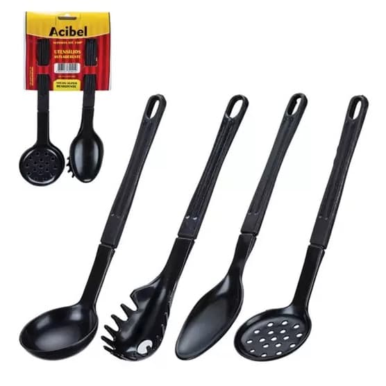 Kit Utensílios com 4 Peças Antiaderente Acibel Casa Cozinha Utilidade Concha Escumadeira Colher Pegador de Macarrão Barato Presente Chá de Cozinha