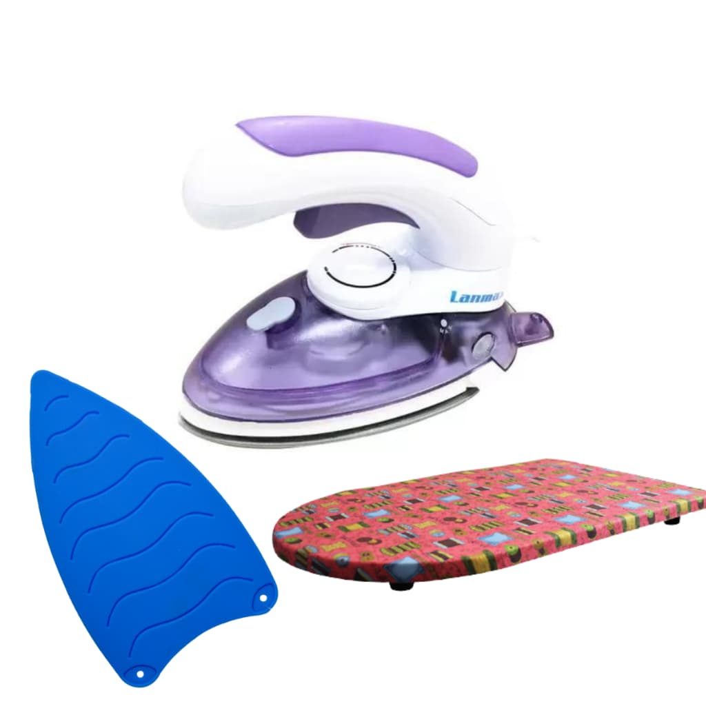 Mini Ferro De Passar Para Viagem Patchwork Lanmax + Mini Tabua + Apoio de Silicone para Ferro
