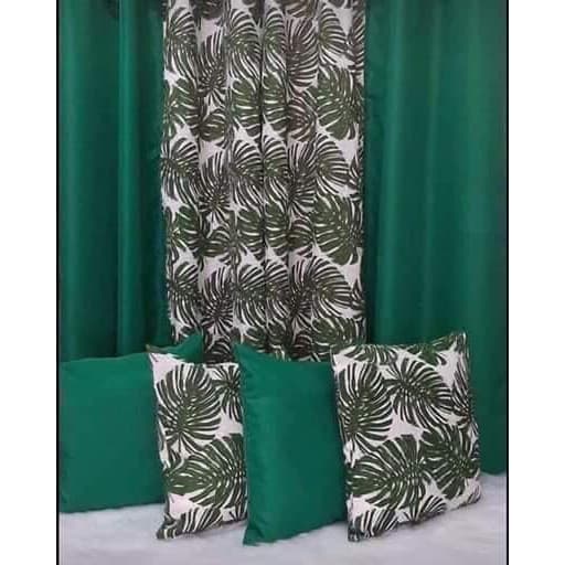 Cortina Costela de Adão Verde 2,80x1,80cm + Kit 4 Almofadas Cheias 0,45x0,45cm - Decoração de Sala/Quarto