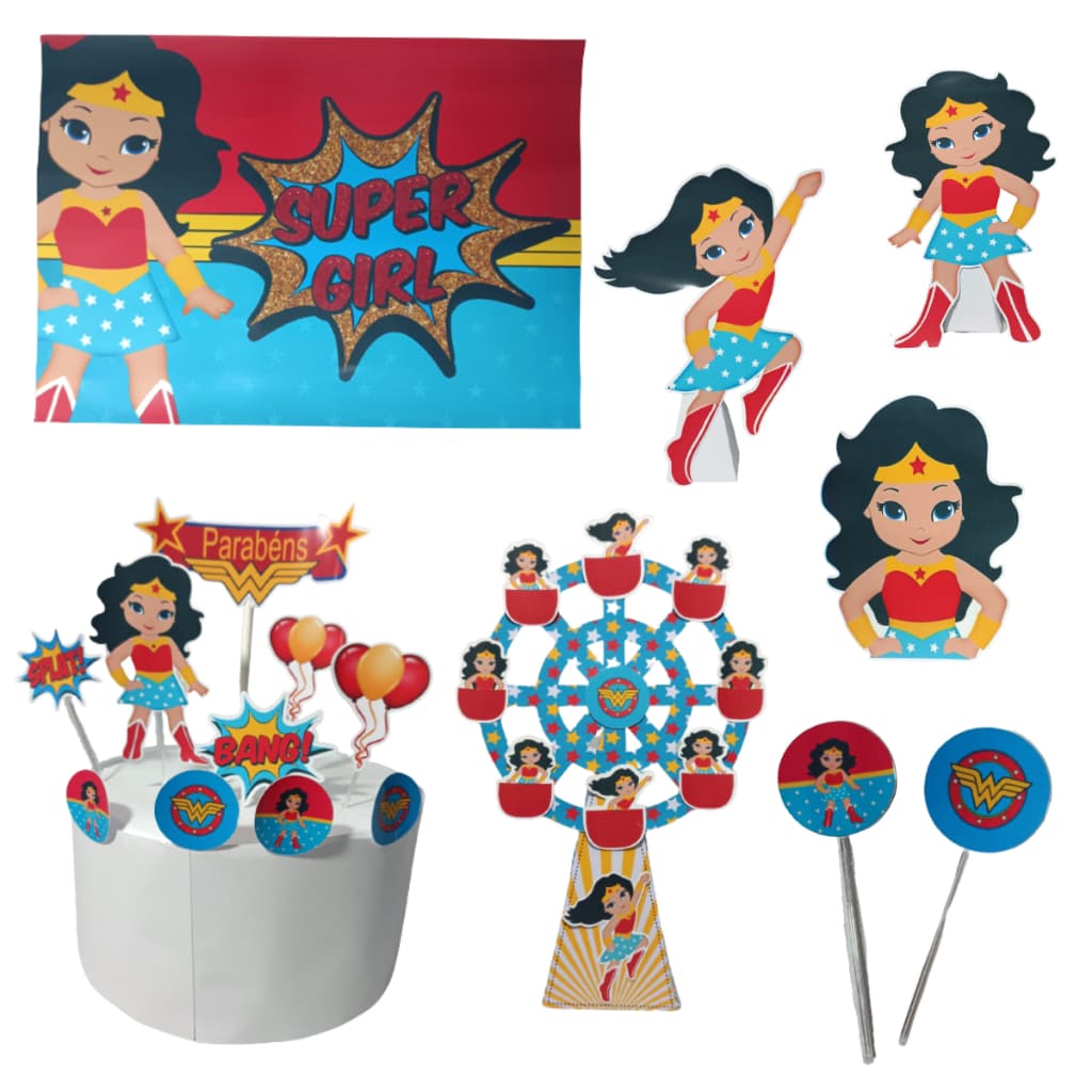 Kit festa em casa só um bolinho Mulher Maravilha decoração aniversário mesversário simples
