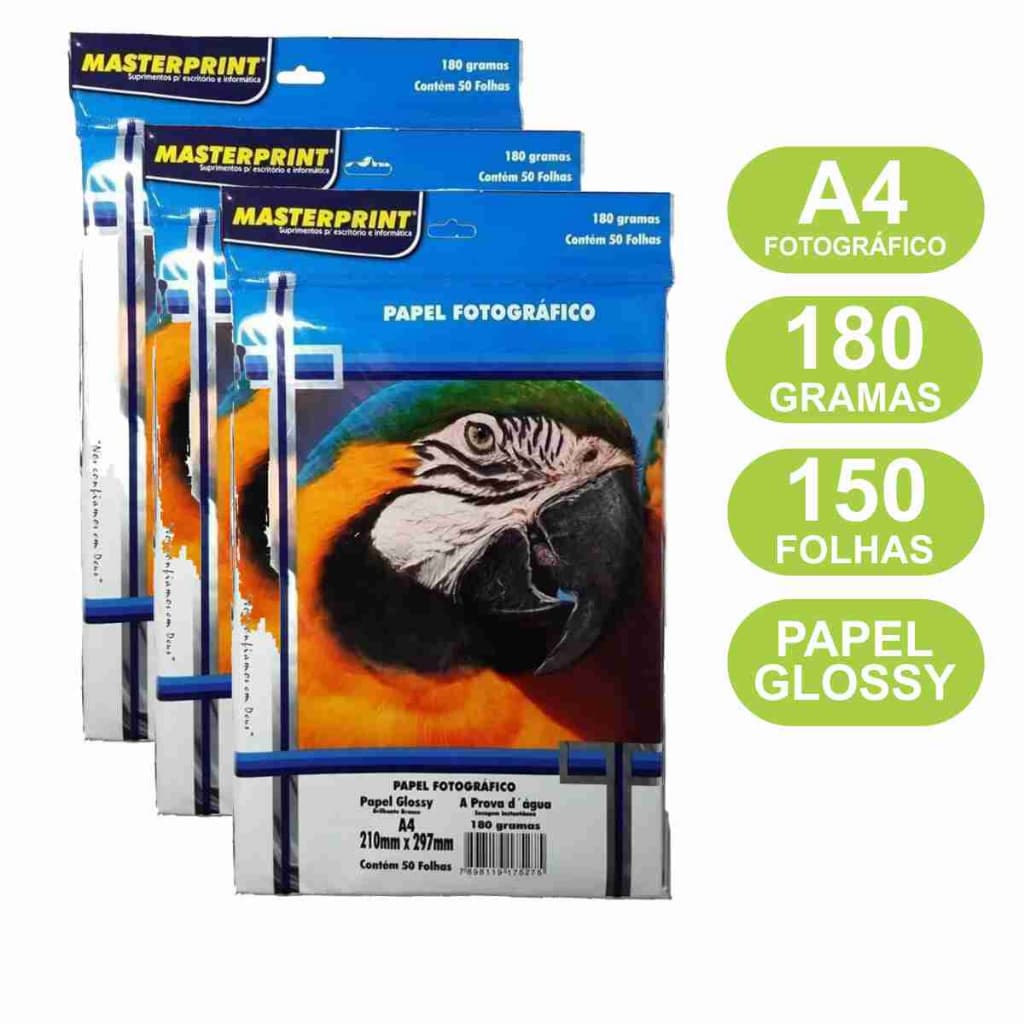 Papel Fotográfico 180g A4 Kit 150 folhas Glossy À Prova D'água MasterPrint