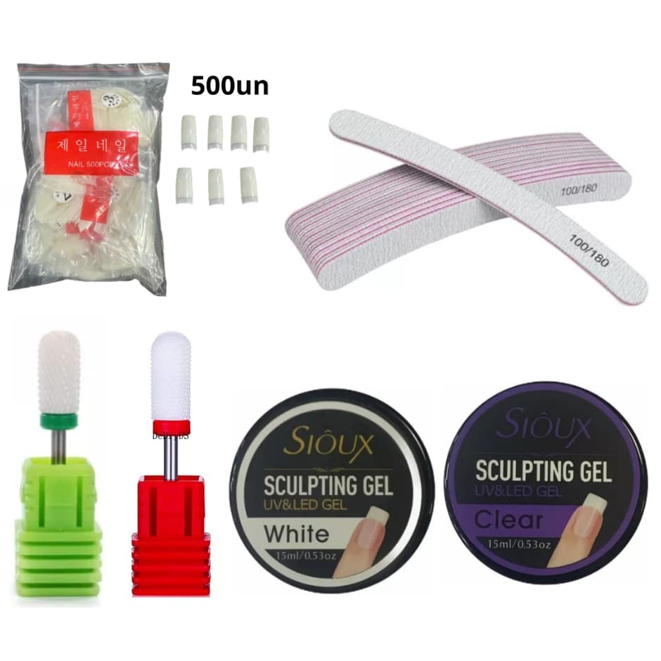 KIT MANICURE 500TIPS SAQUINHO CURVATURA C LEITOSA GEL SIOUX BRANCO GEL SIOUX CLEAR 2 BROCAS DE CERAMICA 10 LIXA BANANA MENOR PREÇO ATACADO KIT CURSO INICIANTE
