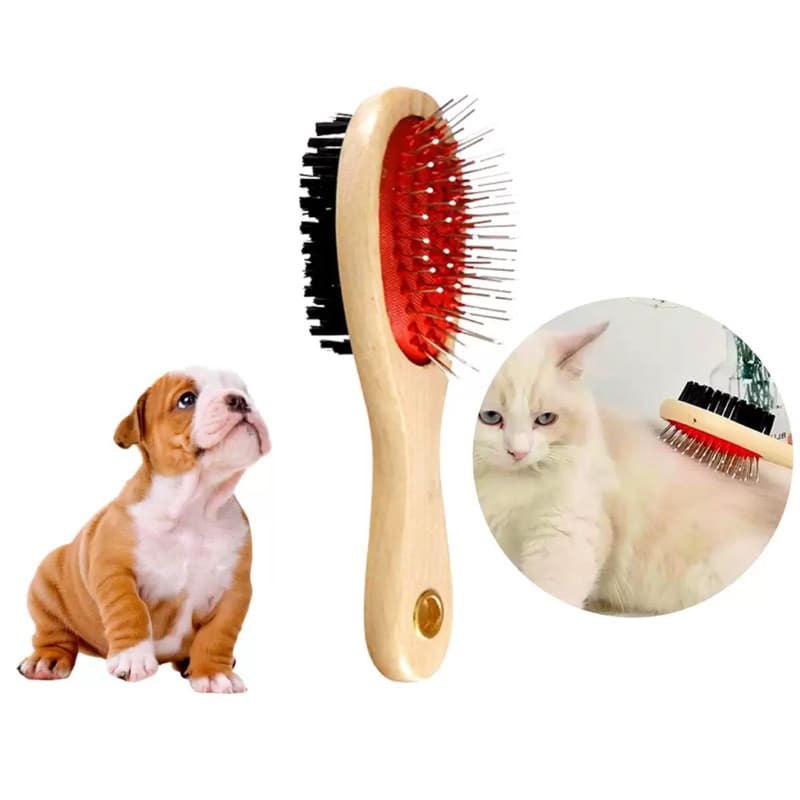 Escova Rasqueadeira Para Cachorro Pet Gato Dupla Cabo De Madeira Banho e Tosa