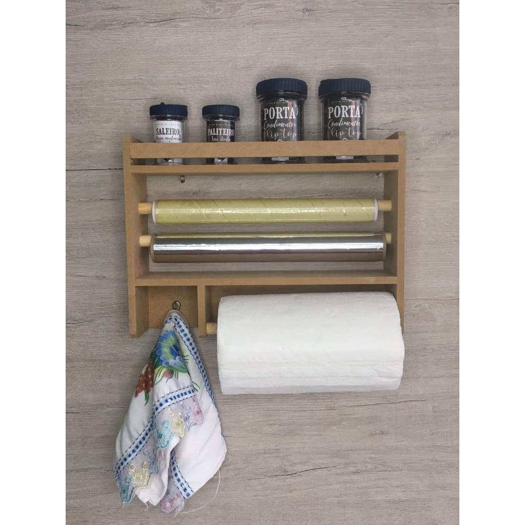 Suporte porta tempero cozinha condimentos organizador 3 em 1 papel toalha filme aluminio parede madeira