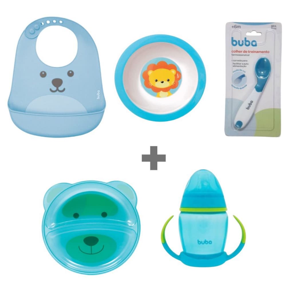 Kit Introdução Alimentar Buba com Prato de urso com divisórias, Prato Bowl (tigelinha), Babador Silicone Pega Migalhas, Colher Termossensível e Copo Infantil de Treinamento com bico de silicone Leão Leãozinho Azul Menino