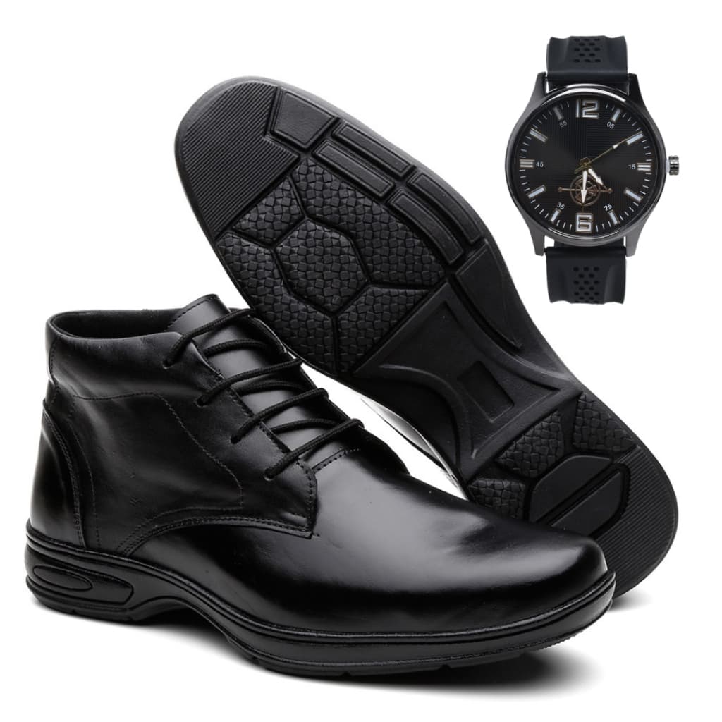 Bota Coturno Masculino Cano Médio Ajuste Com Cadarço Confortável Leve Macio + Relógio  Promoção