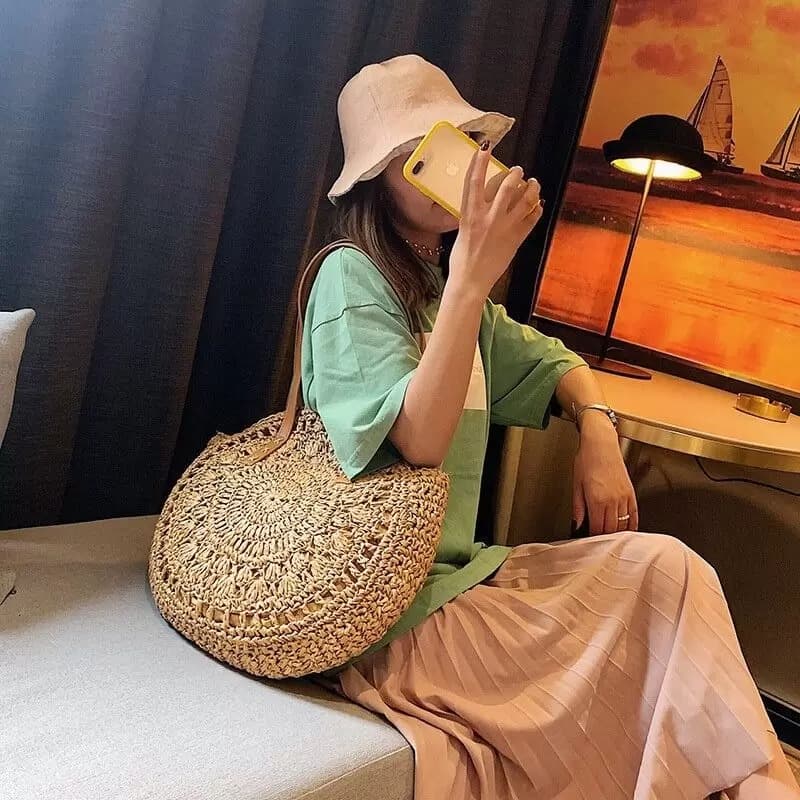 Bolsa Palha Sintética Ombro Redonda Grande Estilo Boho Alça couro Feminina