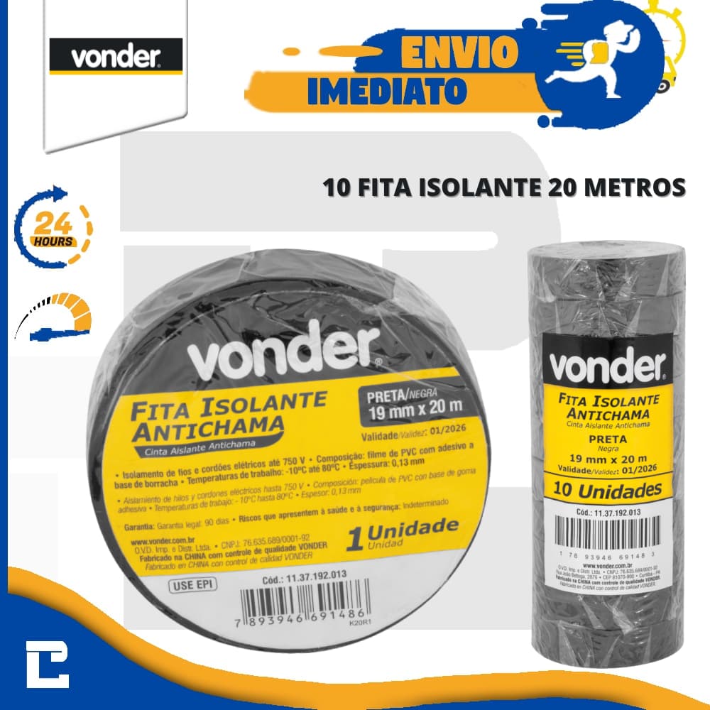 Kit 10 Fita Isolante 19mm x 20 Metros Vonder Antichama Preta