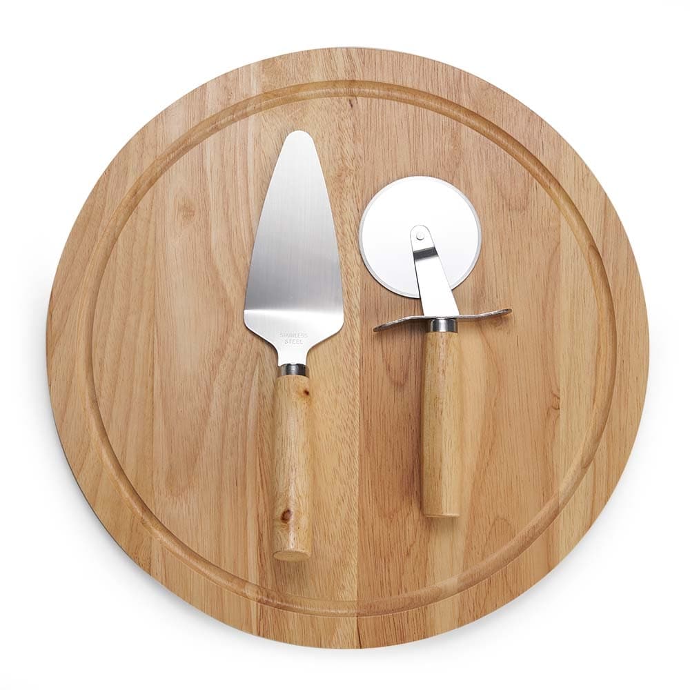 Kit Pizza 3 Peças com Tábua  Bambu , Espátula e Cortador Inox Premium