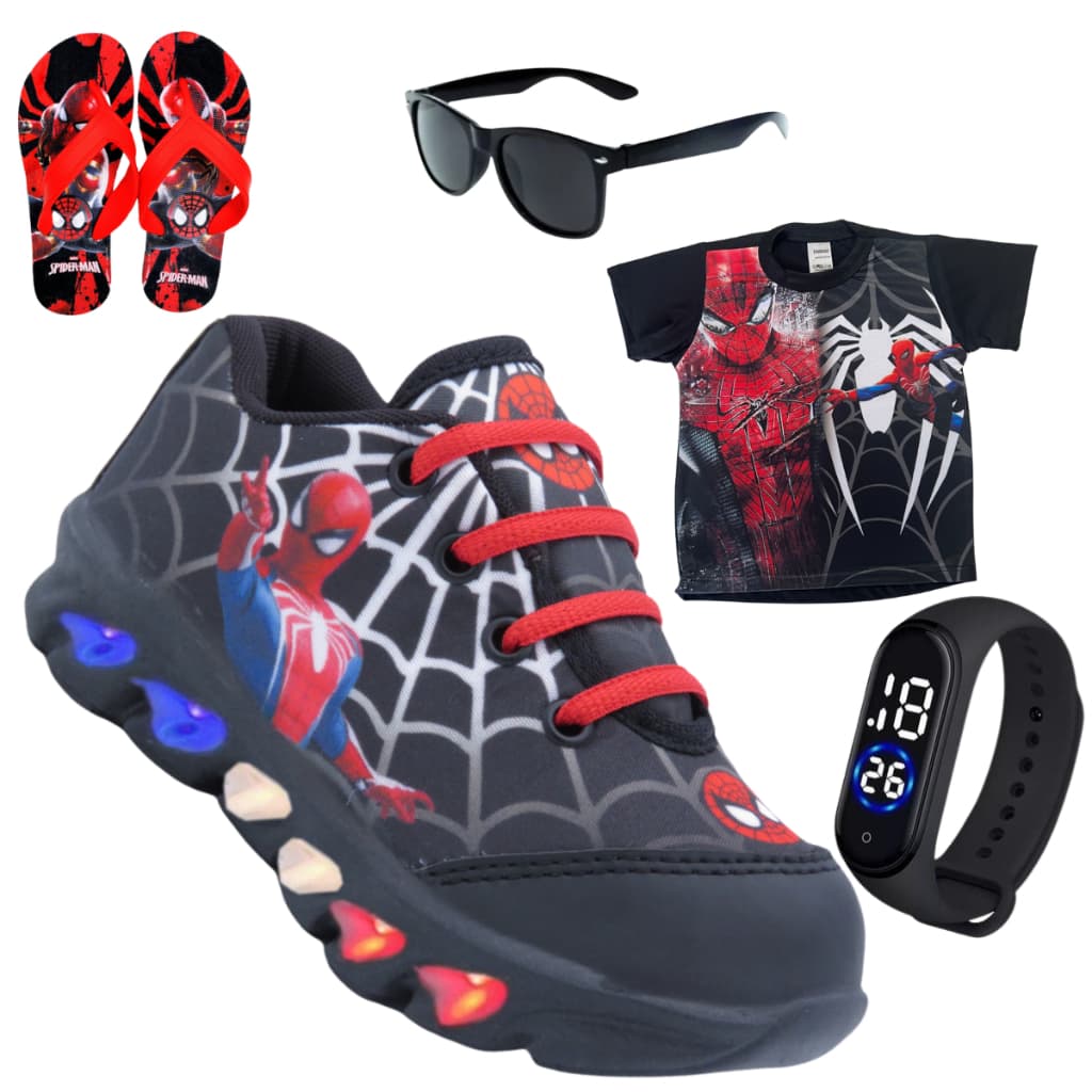 kit tenis de LED infantil  Aranha masculino mais chinelo mais camisa mais relogio e oculos presente