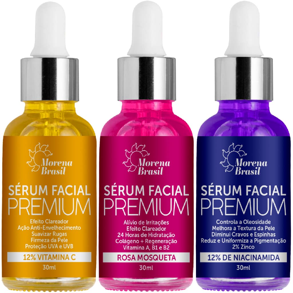 Kit Séruns Faciais Morena Brasil – Vitamina C, Niacinamida e Rosa Mosqueta