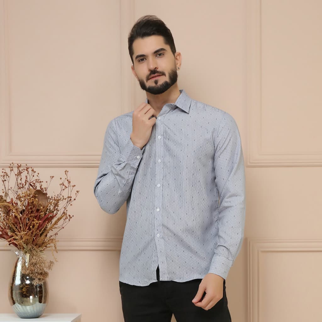 Camisa Social Masculina Slim Fácil Algodão Listrado com Bolinhas L002