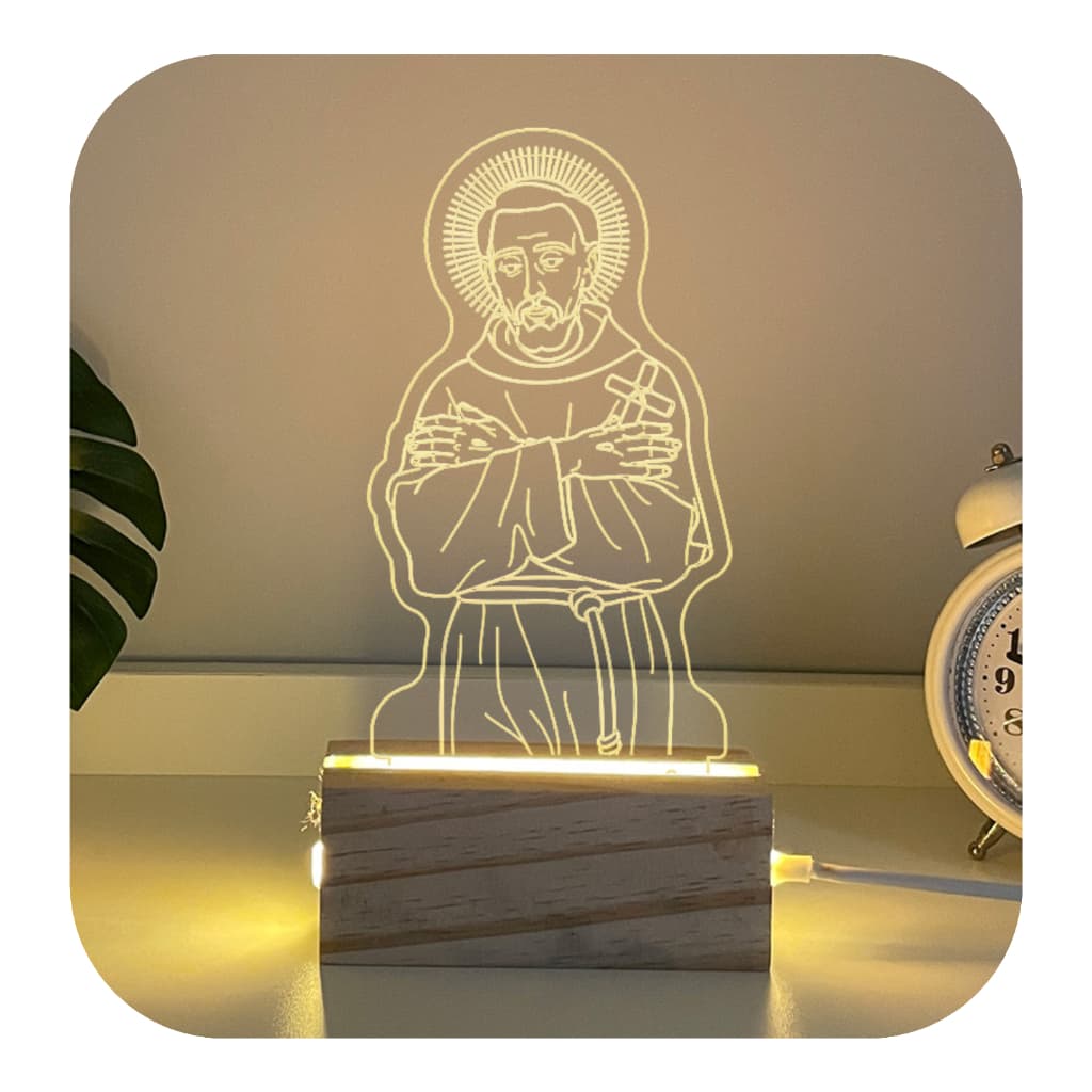 Luminária de Mesa Smart São Francisco de Assis Em Madeira Acrílico 3D Led