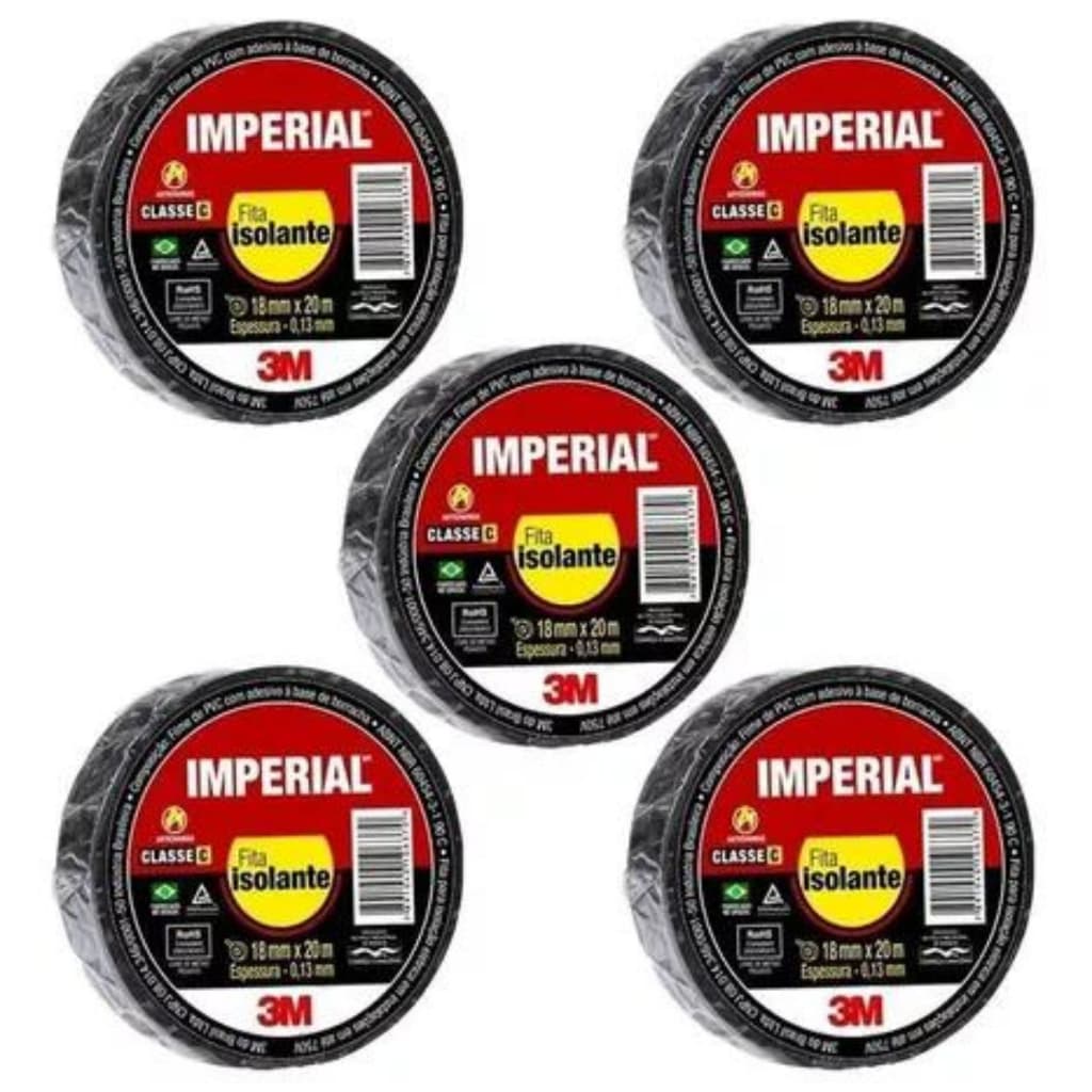 Kit 5 Unidades Fita Isolante 20 Metros Imperial 3M 18mm 750V Ótima Qualidade Alta Durabilidade