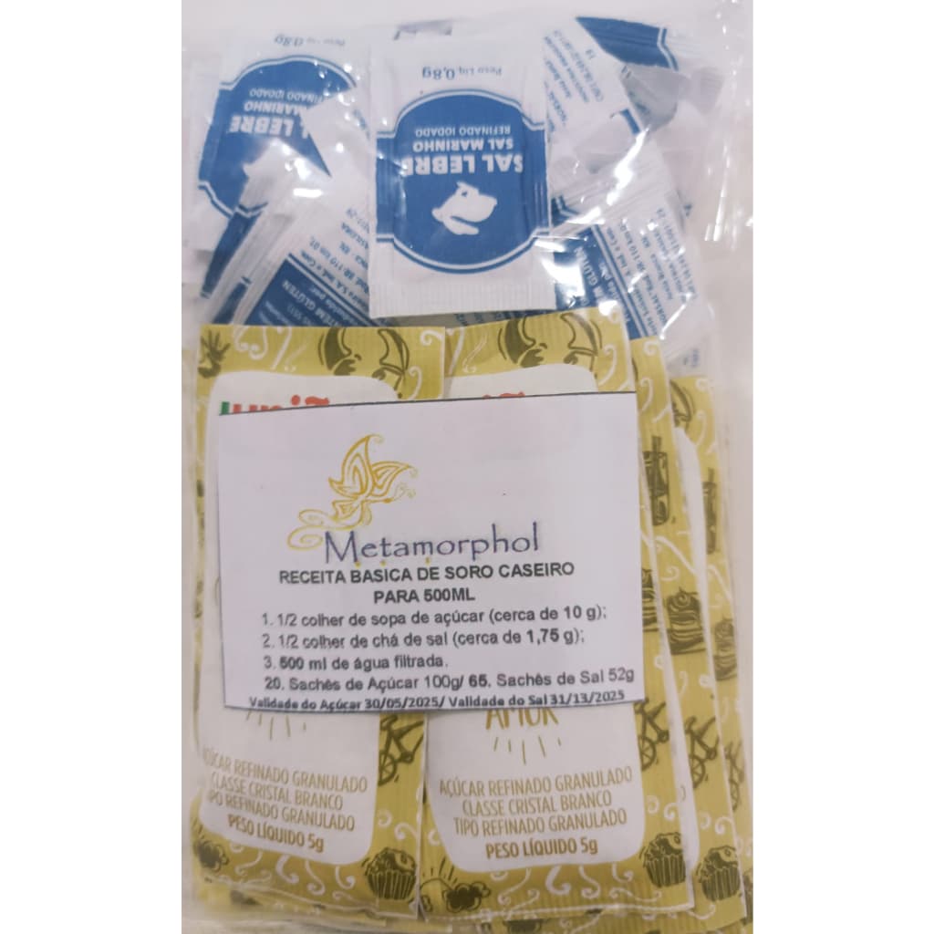 20 Sachês de Açúcar e 65 Sachês de Sal para Mochila de Emergência com receita de soro.