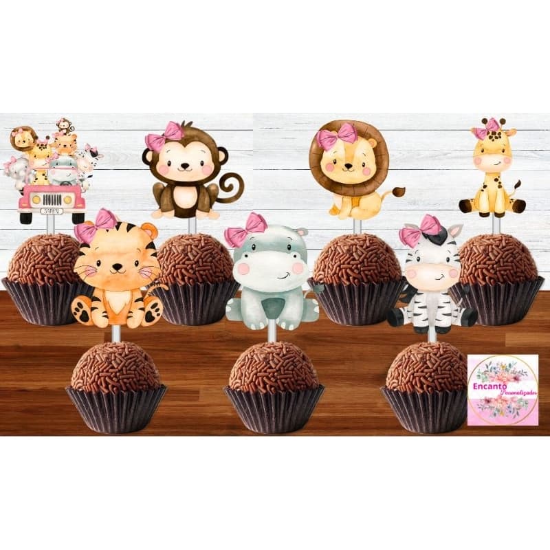 50 Tags Toppers P/ Docinho para festa SAFARI AQUARELA MENINA, brigadeiro beijinho