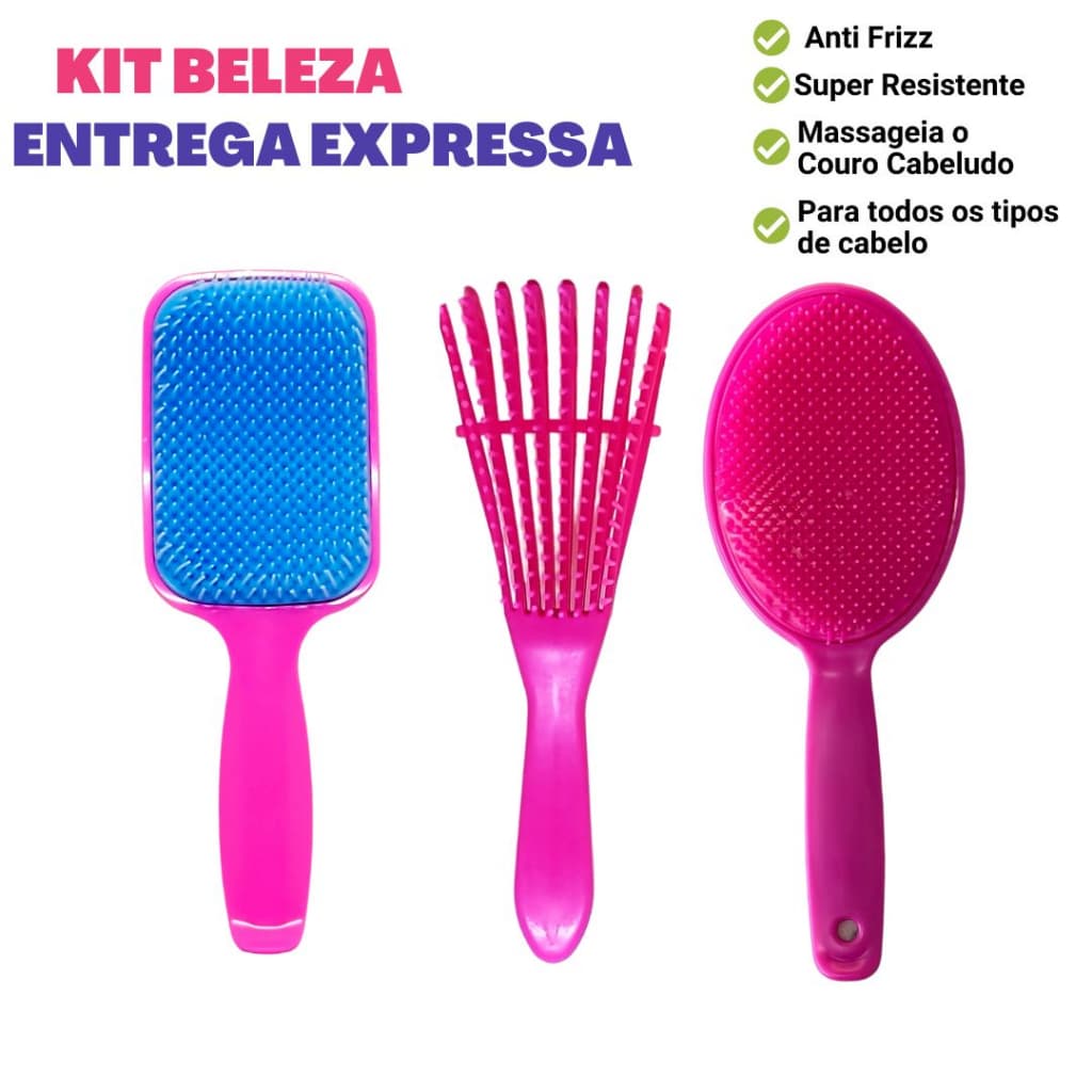 Kit Beleza - Escova Raquete + Escova Oval + Escova Polvo