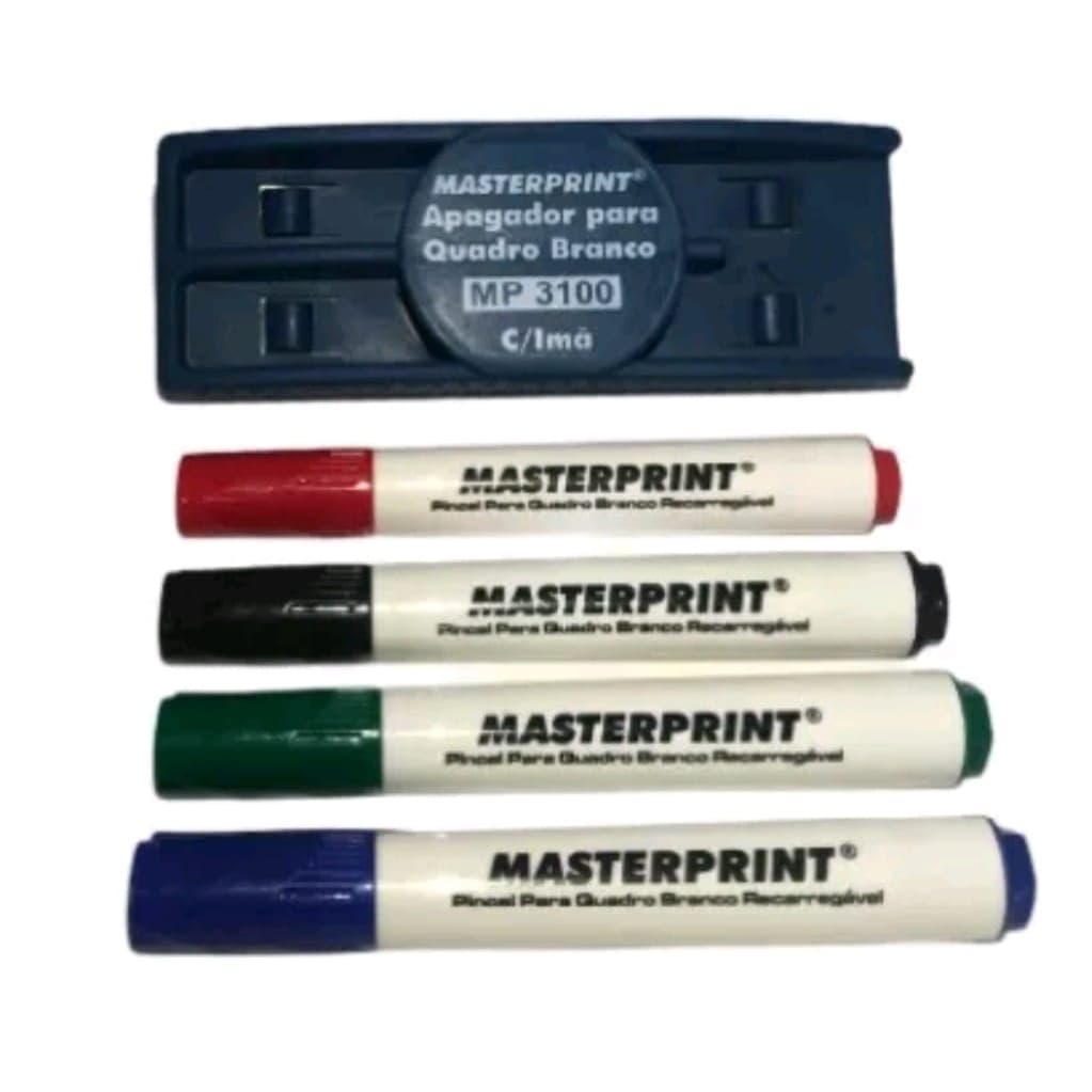 Kit 4 Pincel Recarregáveis P/Quadro Branco + 1 Apagador Quadro Branco Masterprint