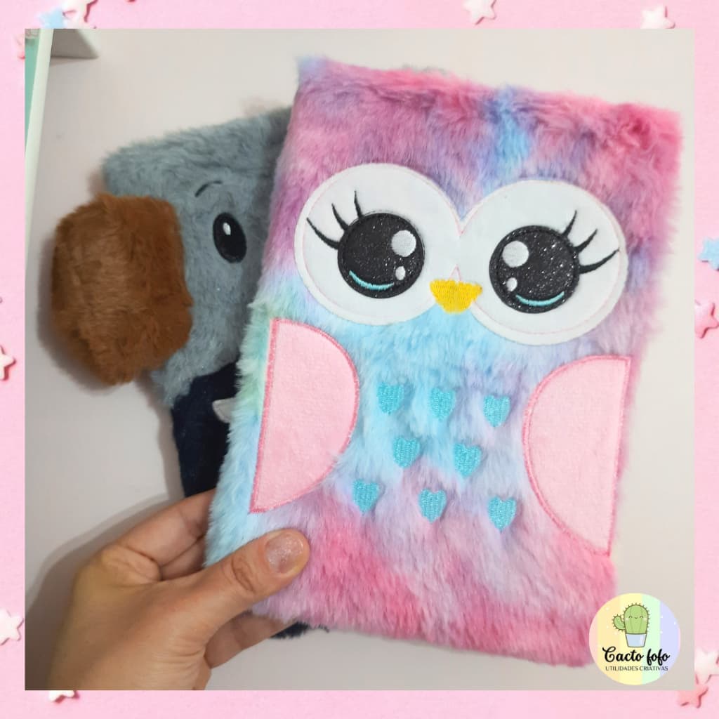 Caderno pelúcia coruja elefante coração. Fofo, colorido, lindo, kawaii. Para levar na escola, usar nas anotações da creche, escola, diário, etc