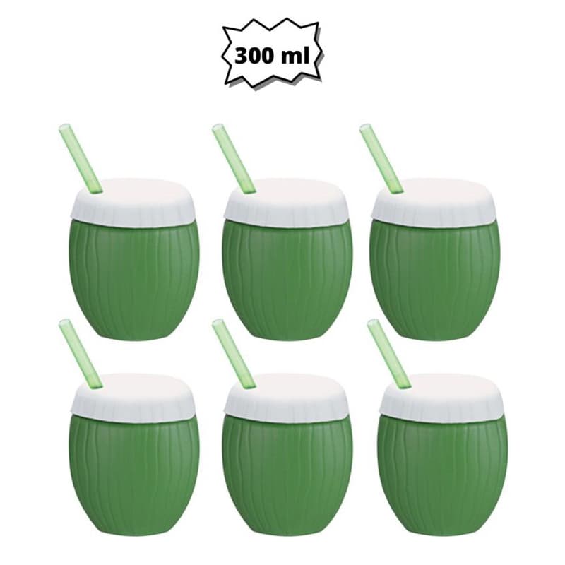 Copo Coco Verde com Canudo - Kit 6 Copos Festa Tropical