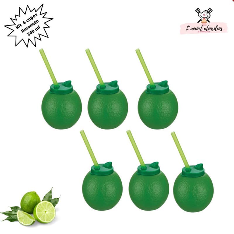 Copo Limoneto Caçulinha 300ml Copo Limão com Canudo - Kit 6 Copos