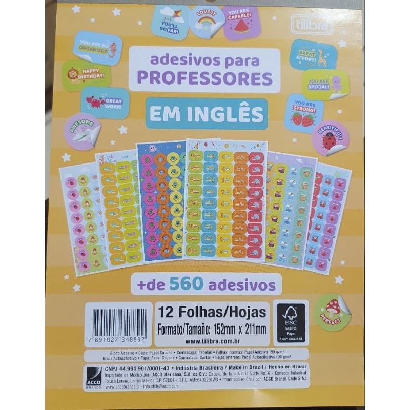 Bloco de Adesivos Decorados Motivacionais Incentivo Pais e Professores Português Inglês 12 folhas TILIBRA