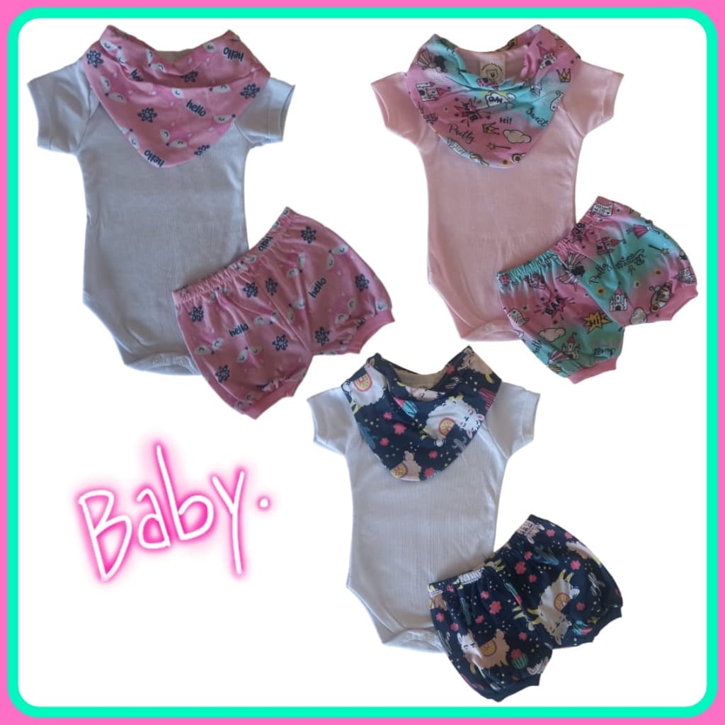 Conjunto Body + Bandana + Short Estampado Bebê Menina Verão