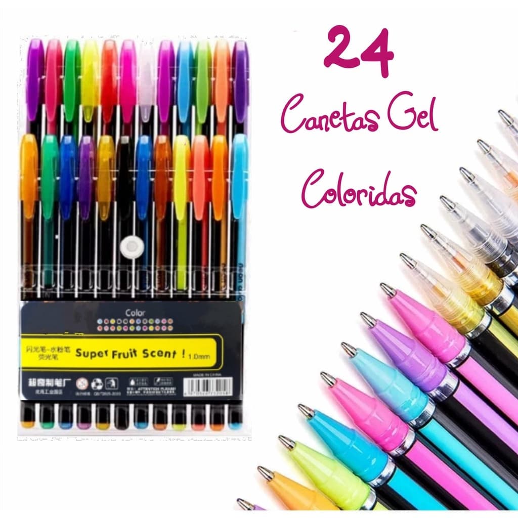 Kit 24 Canetas Gel Cores Glitter, Metálico, Pastel E Neon Desenho Canetinhas