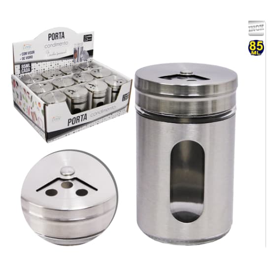 Saleiro Pimenteiro Porta Condimentos Vidro Aço Inox Com Visor Premium - Unitário